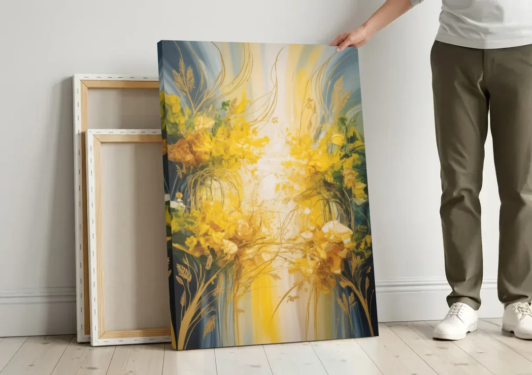 Golden Forest Canopy Yellow Abstract canvas wall art leaning against a wall next to blank canvases