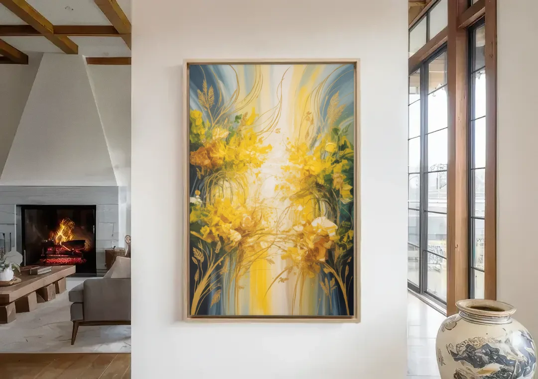 Golden Forest Canopy Yellow Abstract canvas wall art in a living room with a fireplace