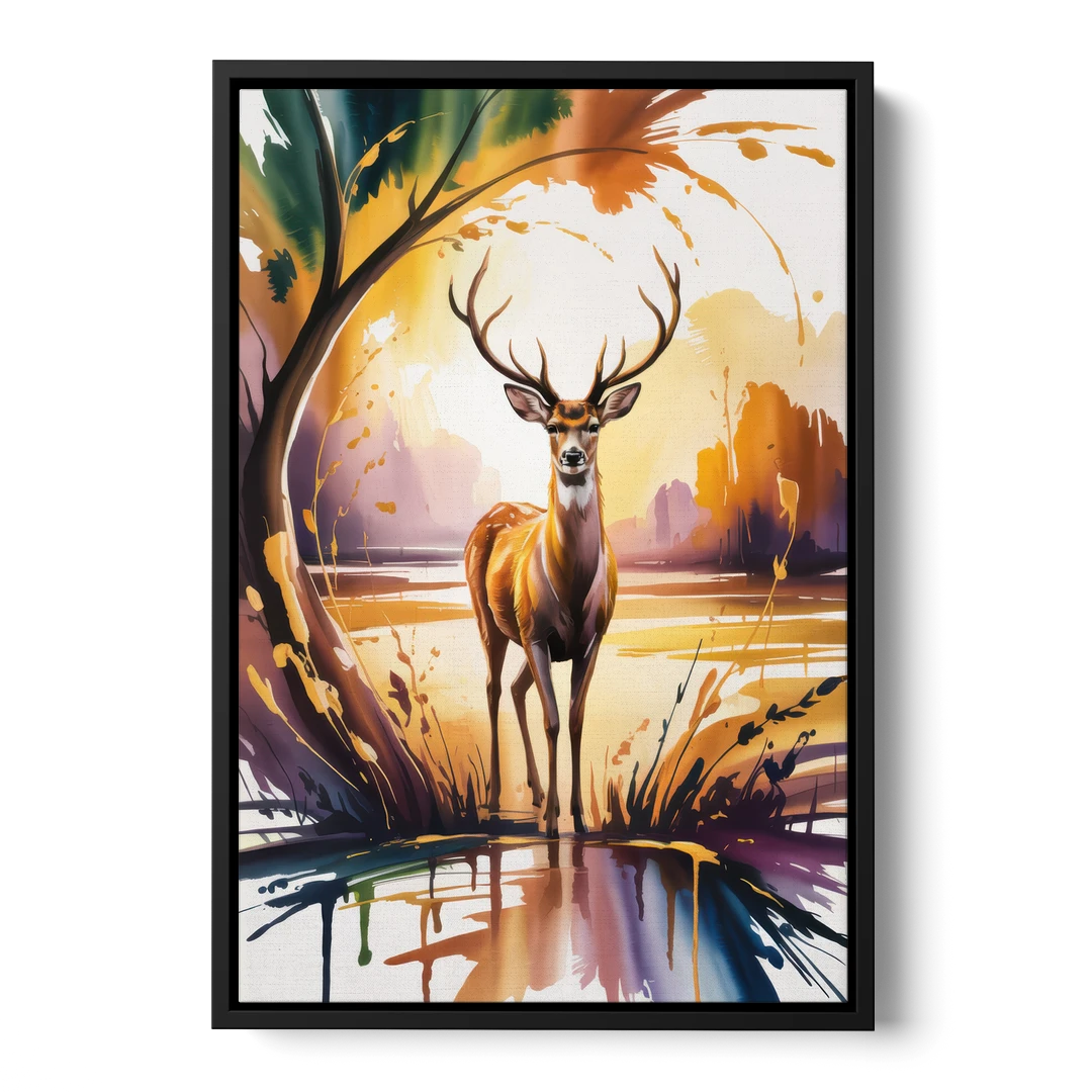 Golden Hour Deer Scene - Black Framed Canvas Wall Art - Front