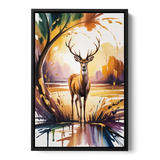 Golden Hour Deer Scene - Black Framed Canvas Wall Art - Front