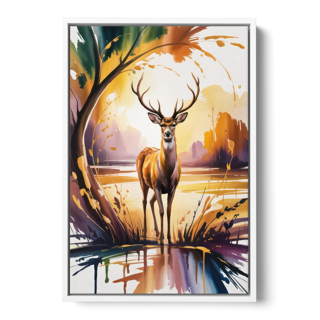 Golden Hour Deer Scene - White Framed Canvas Wall Art - Front
