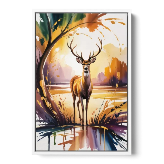Golden Hour Deer Scene - White Framed Canvas Wall Art - Front
