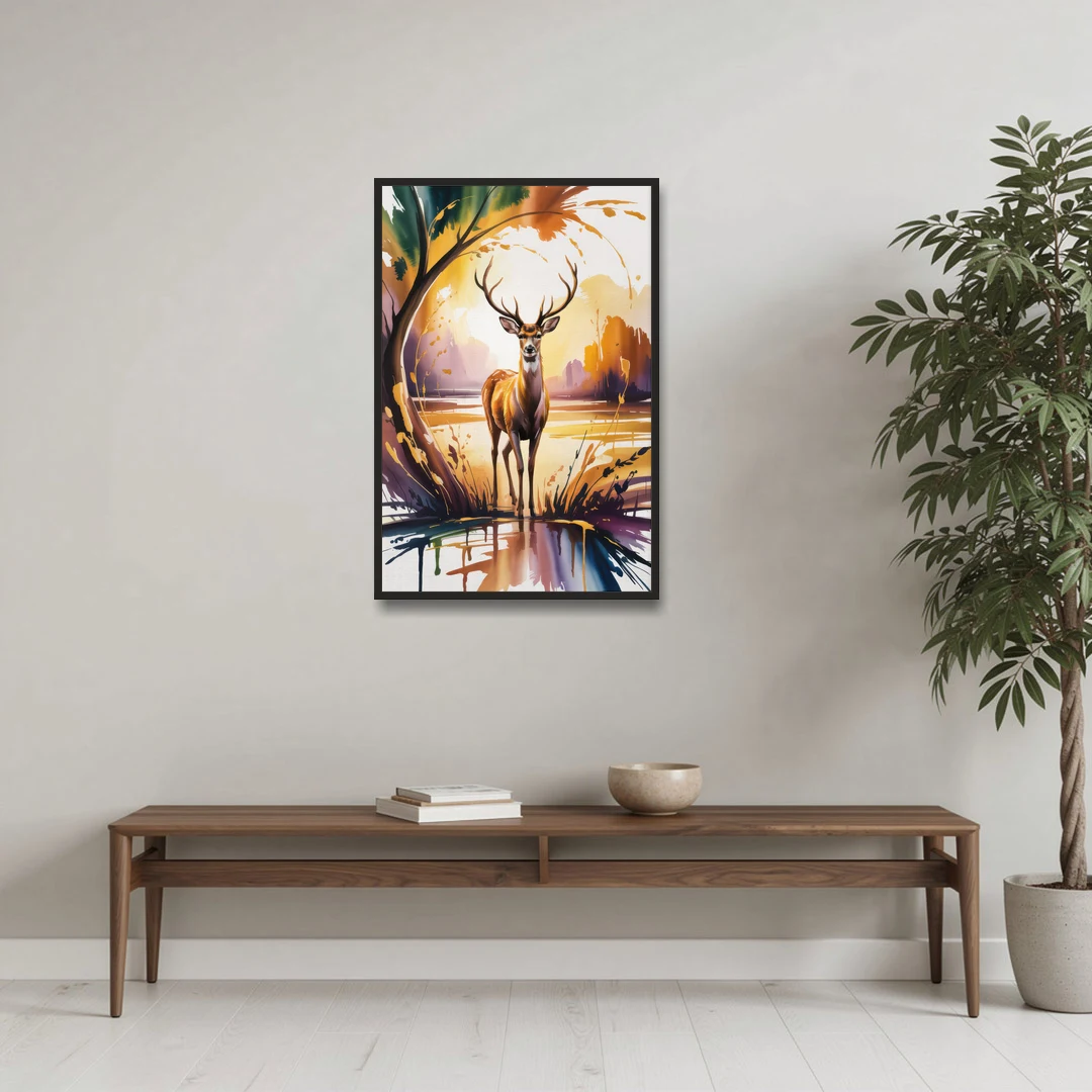 Golden Hour Deer Scene - Black Framed Canvas Wall Art - Coffee Table - 24x36
