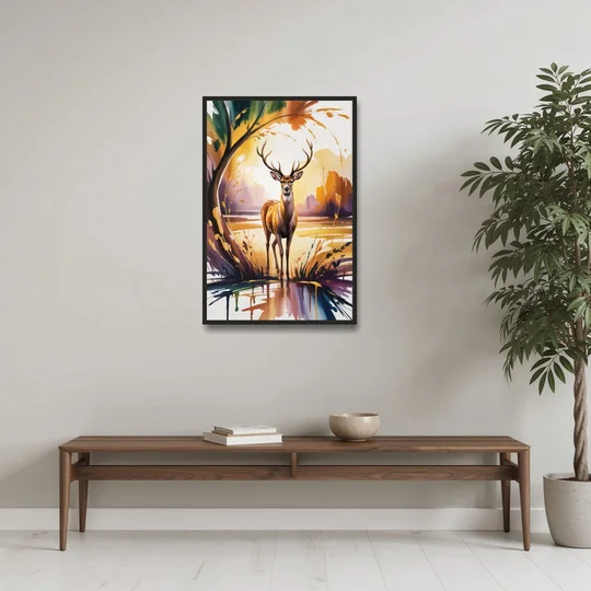 Golden Hour Deer Scene - Black Framed Canvas Wall Art - Coffee Table - 24x36
