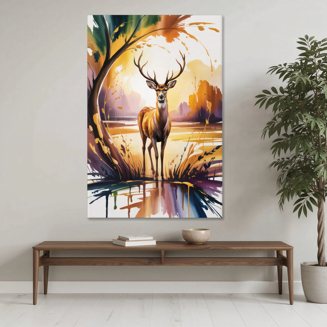 Golden Hour Deer Scene - Canvas Wall Art - Coffee Table - 40x60