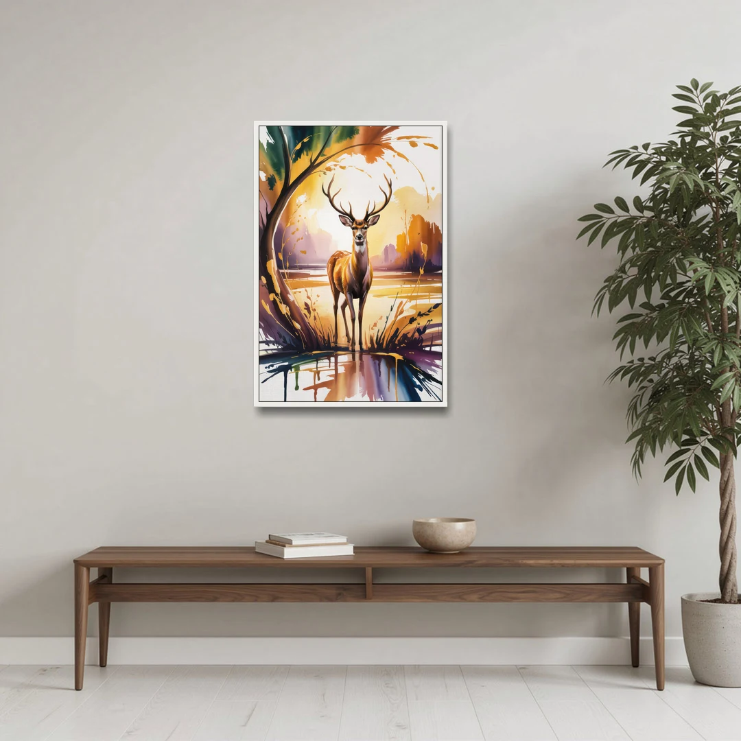 Golden Hour Deer Scene - White Framed Canvas Wall Art - Coffee Table - 24x36