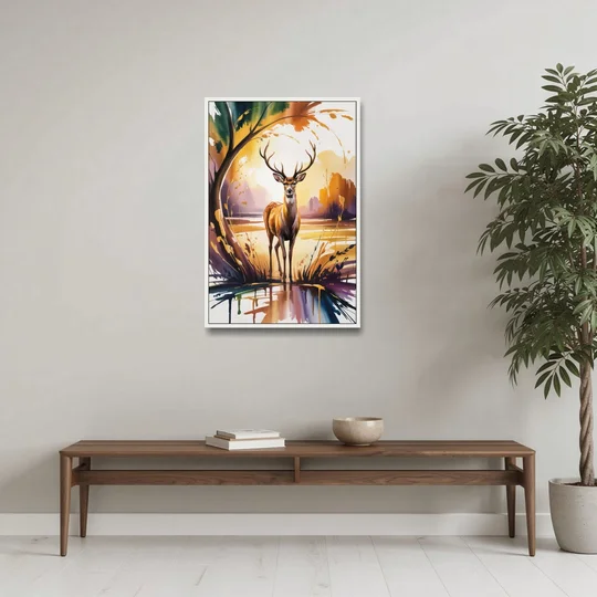Golden Hour Deer Scene - White Framed Canvas Wall Art - Coffee Table - 24x36