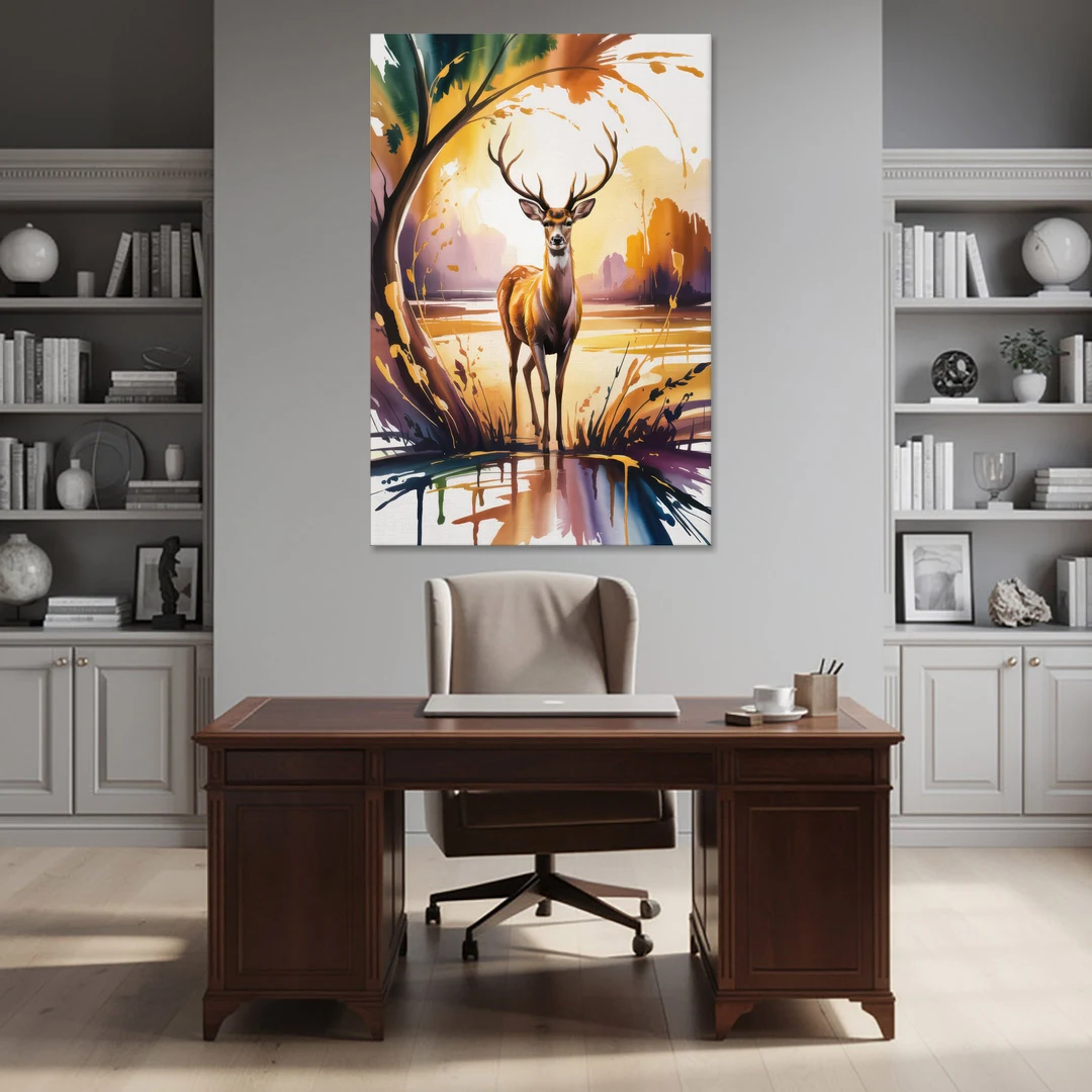 Golden Hour Deer Scene - Canvas Wall Art - Office - 40x60