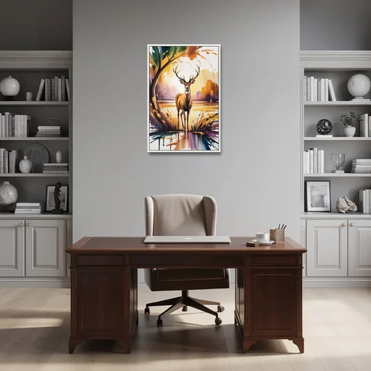Golden Hour Deer Scene - White Framed Canvas Wall Art - Office - 24x36