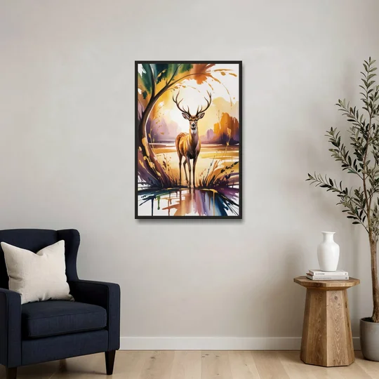 Golden Hour Deer Scene - Black Framed Canvas Wall Art - Sofa - 24x36