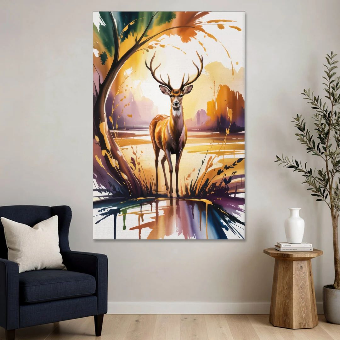 Golden Hour Deer Scene - Canvas Wall Art - Sofa - 40x60