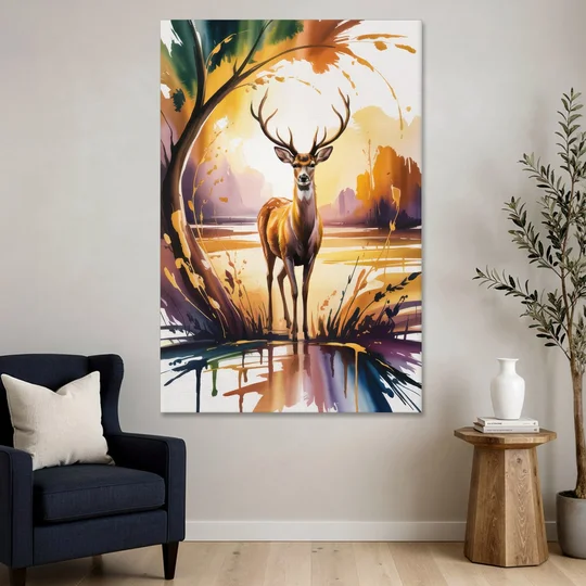 Golden Hour Deer Scene - Canvas Wall Art - Sofa - 40x60