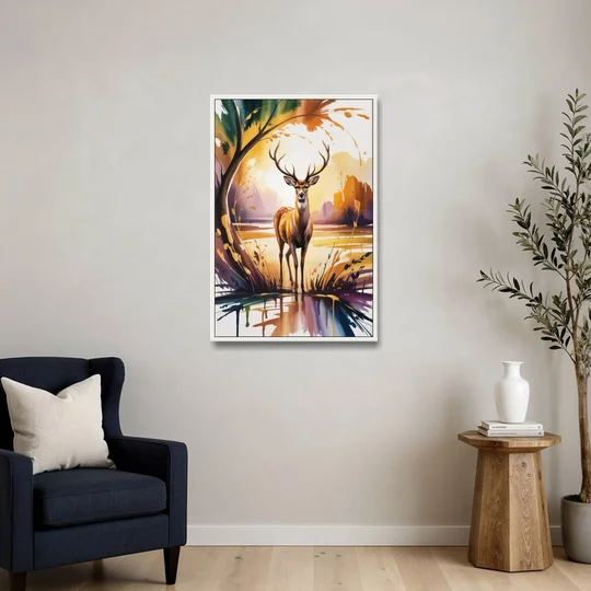 Golden Hour Deer Scene - White Framed Canvas Wall Art - Sofa - 24x36