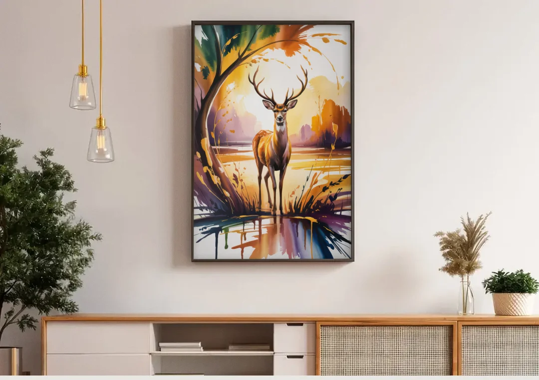 Golden Hour Deer Scene canvas wall art above a wooden sideboard under pendant lights