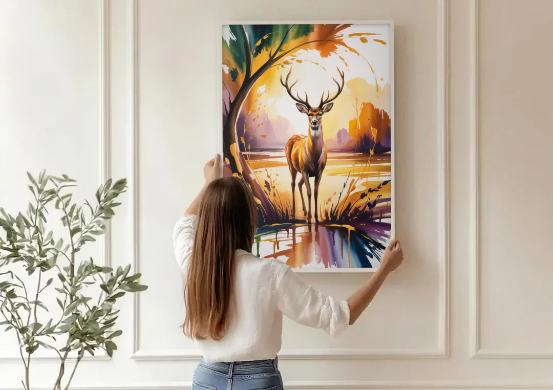 Golden Hour Deer Scene canvas wall art being hung on a paneled wall