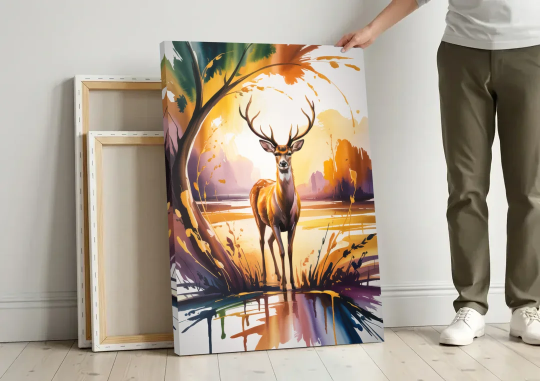 Golden Hour Deer Scene canvas wall art leaning against a wall next to blank canvases