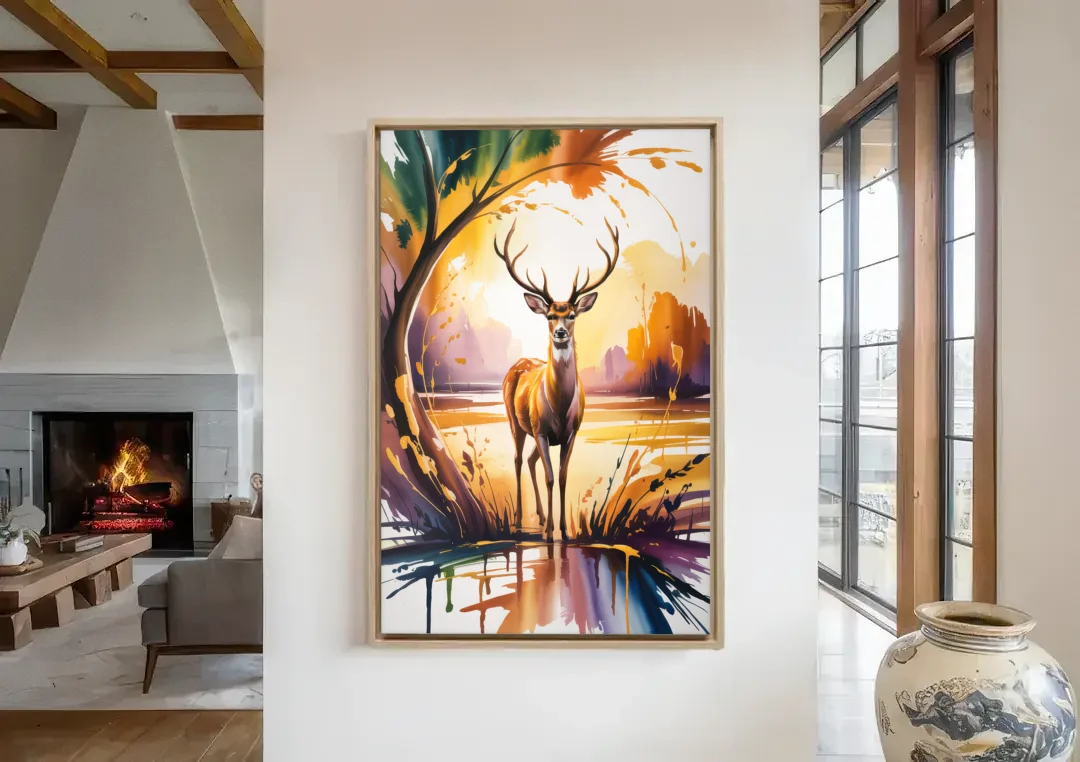 Golden Hour Deer Scene canvas wall art in a living room with a fireplace