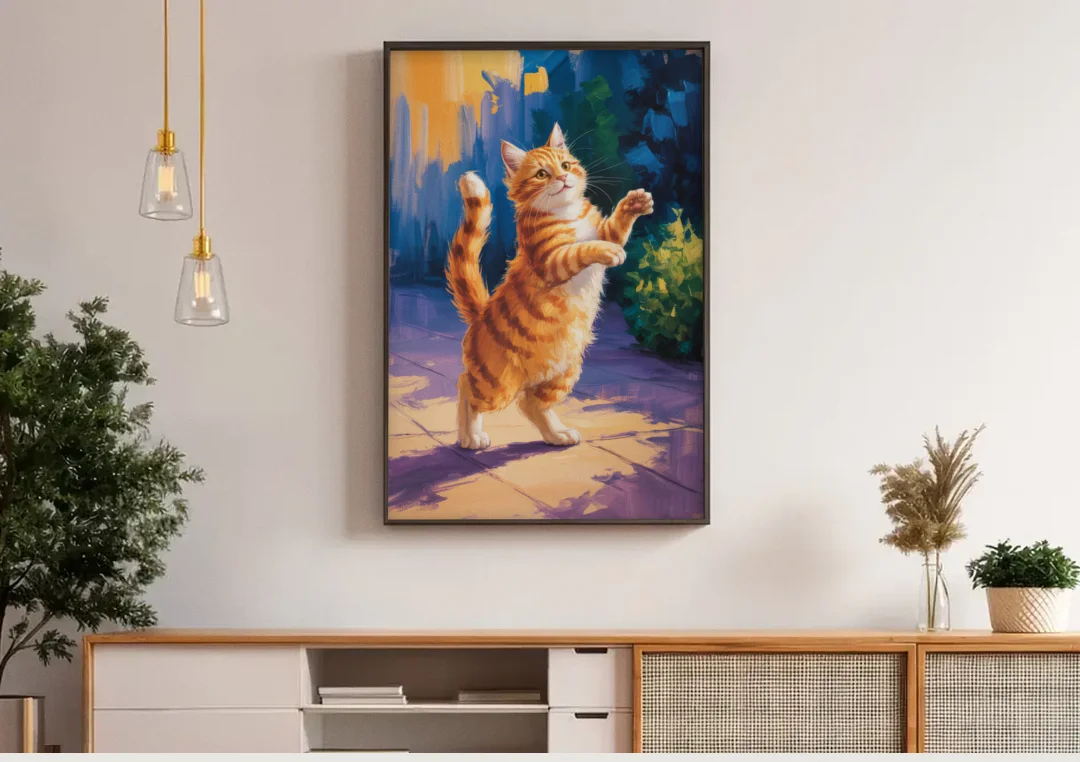 Golden Hour Orange Cat canvas wall art above a wooden sideboard under pendant lights
