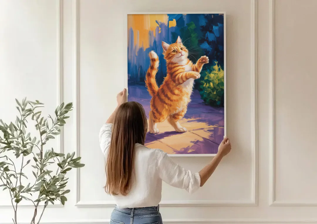 Golden Hour Orange Cat canvas wall art being hung on a paneled wall