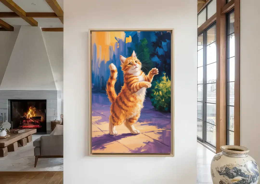 Golden Hour Orange Cat canvas wall art in a living room with a fireplace