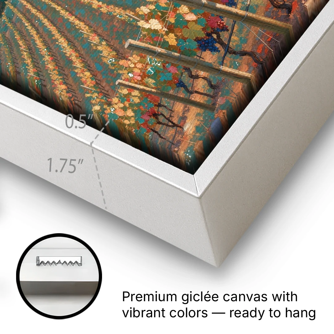 Golden Hour Vineyard Rows for the Dining Room - White Framed Canvas Wall Art - Gallery Wrap Corner