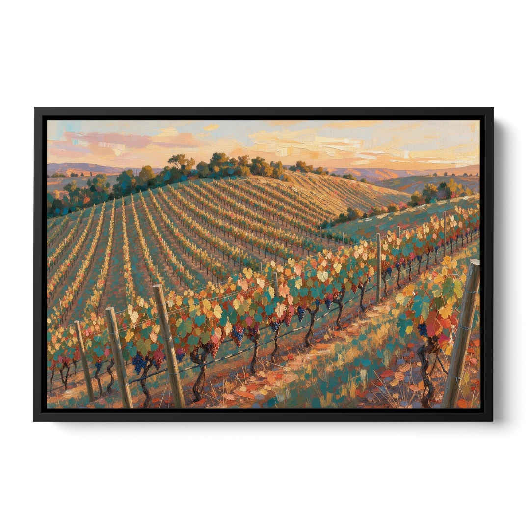 Golden Hour Vineyard Rows for the Dining Room - Black Framed Canvas Wall Art - Front