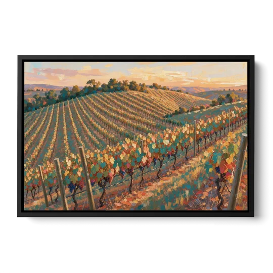 Golden Hour Vineyard Rows for the Dining Room - Black Framed Canvas Wall Art - Front