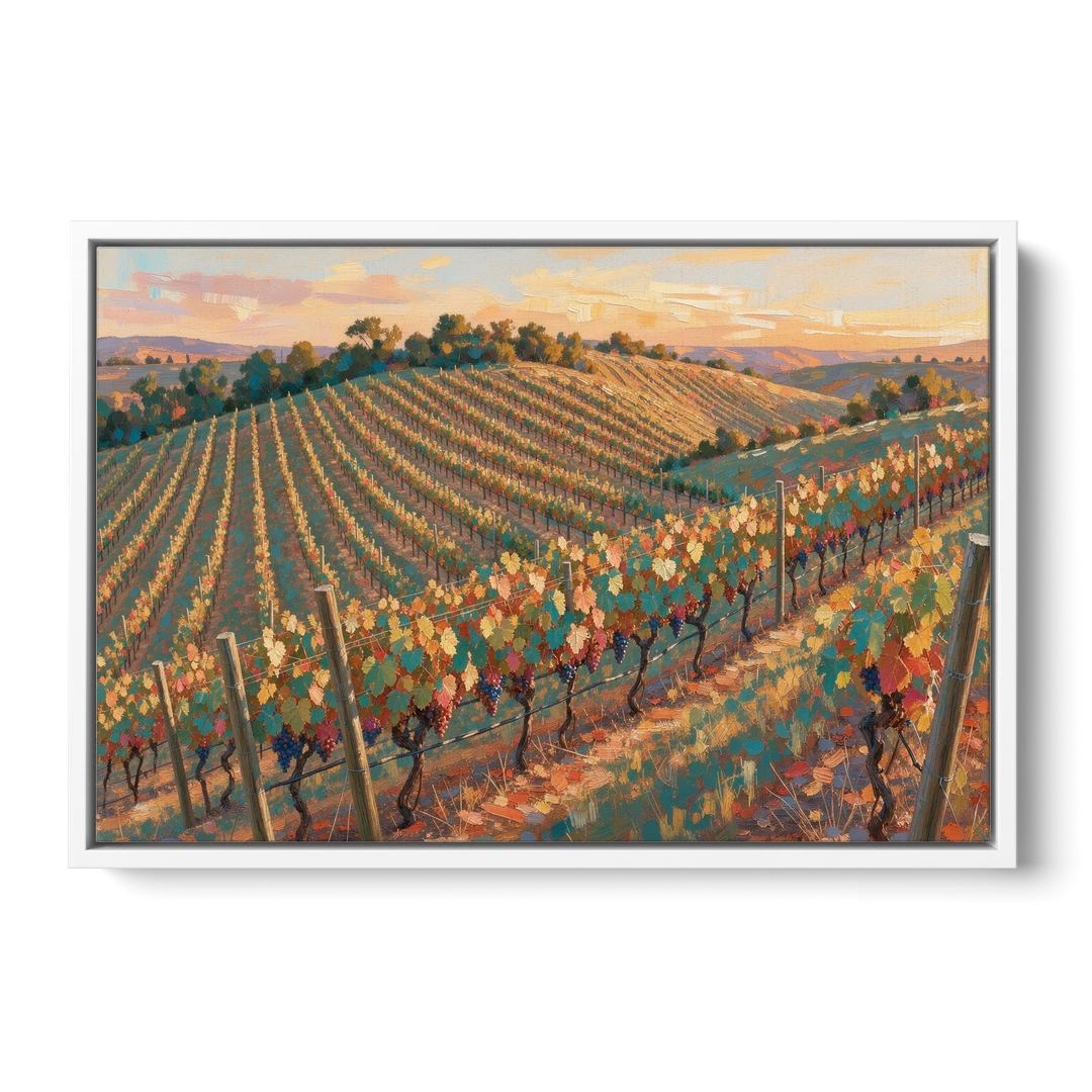 Golden Hour Vineyard Rows for the Dining Room - White Framed Canvas Wall Art - Front