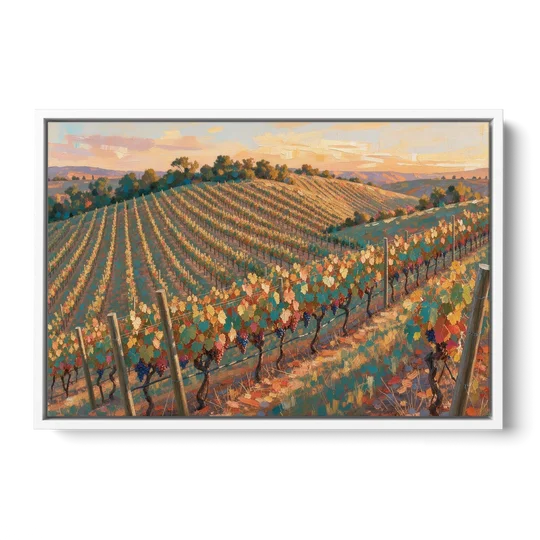 Golden Hour Vineyard Rows for the Dining Room - White Framed Canvas Wall Art - Front