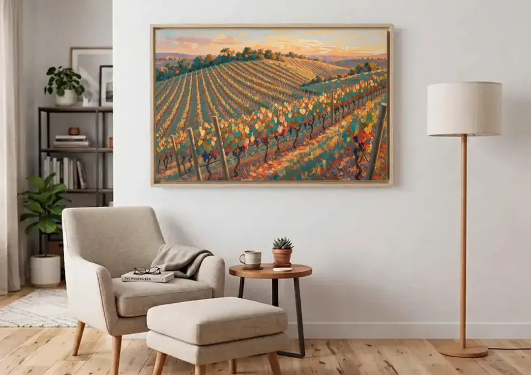 Golden Hour Vineyard Rows for the Dining Room canvas wall art above an armchair in a bright living room
