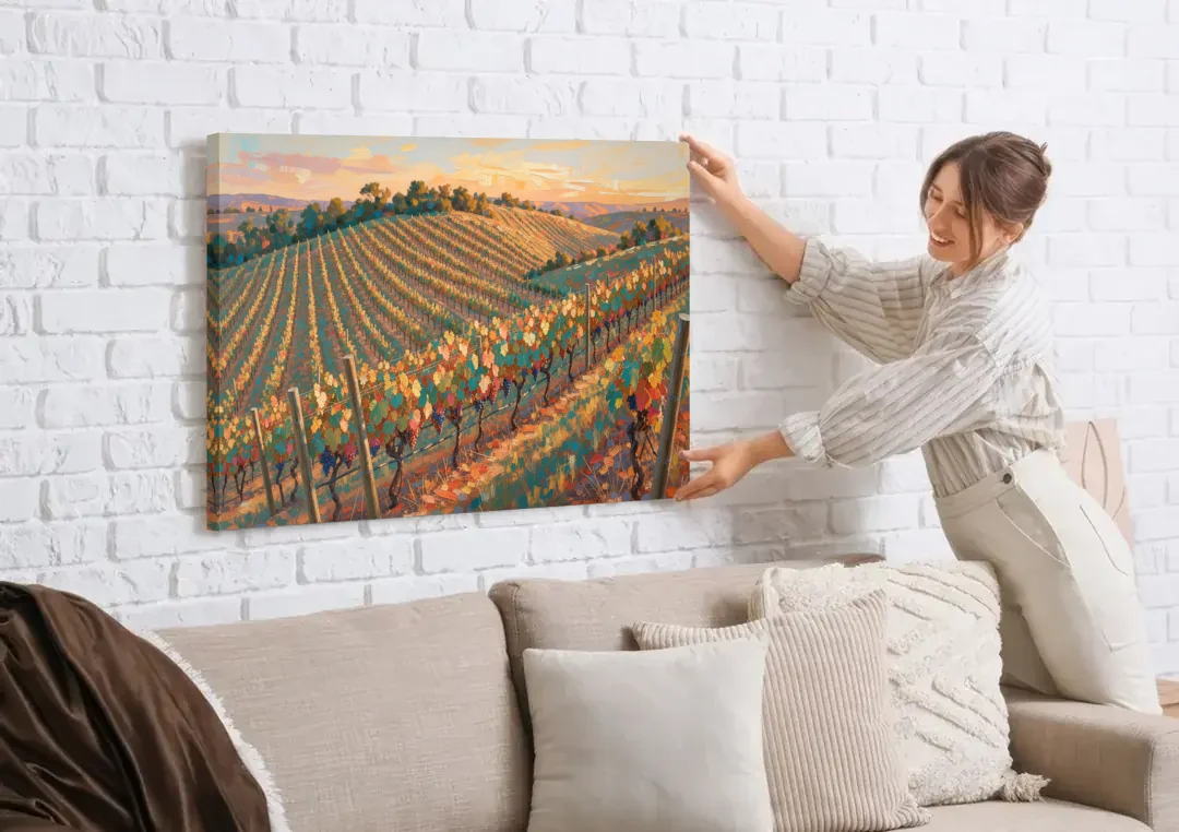 Golden Hour Vineyard Rows for the Dining Room canvas wall art being hung on a white brick wall above a sofa