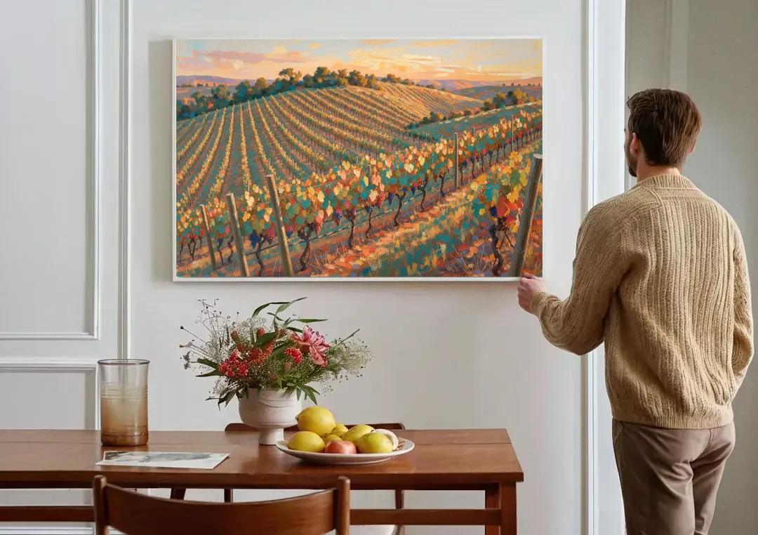 Golden Hour Vineyard Rows for the Dining Room canvas wall art above a dining table
