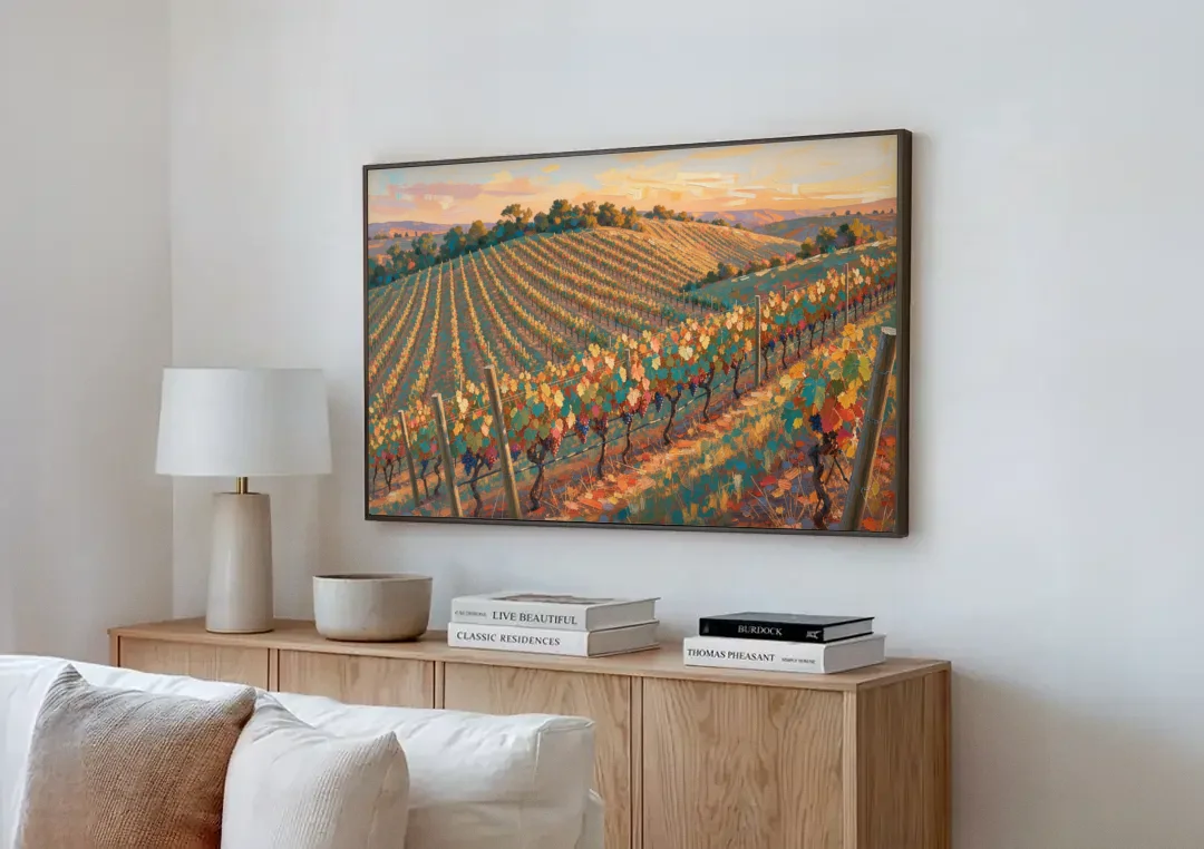 Golden Hour Vineyard Rows for the Dining Room canvas wall art above a wooden sideboard next to a sofa