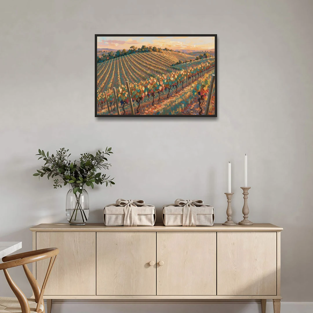 Golden Hour Vineyard Rows for the Dining Room - Black Framed Canvas Wall Art - Coffee Table - 36x24