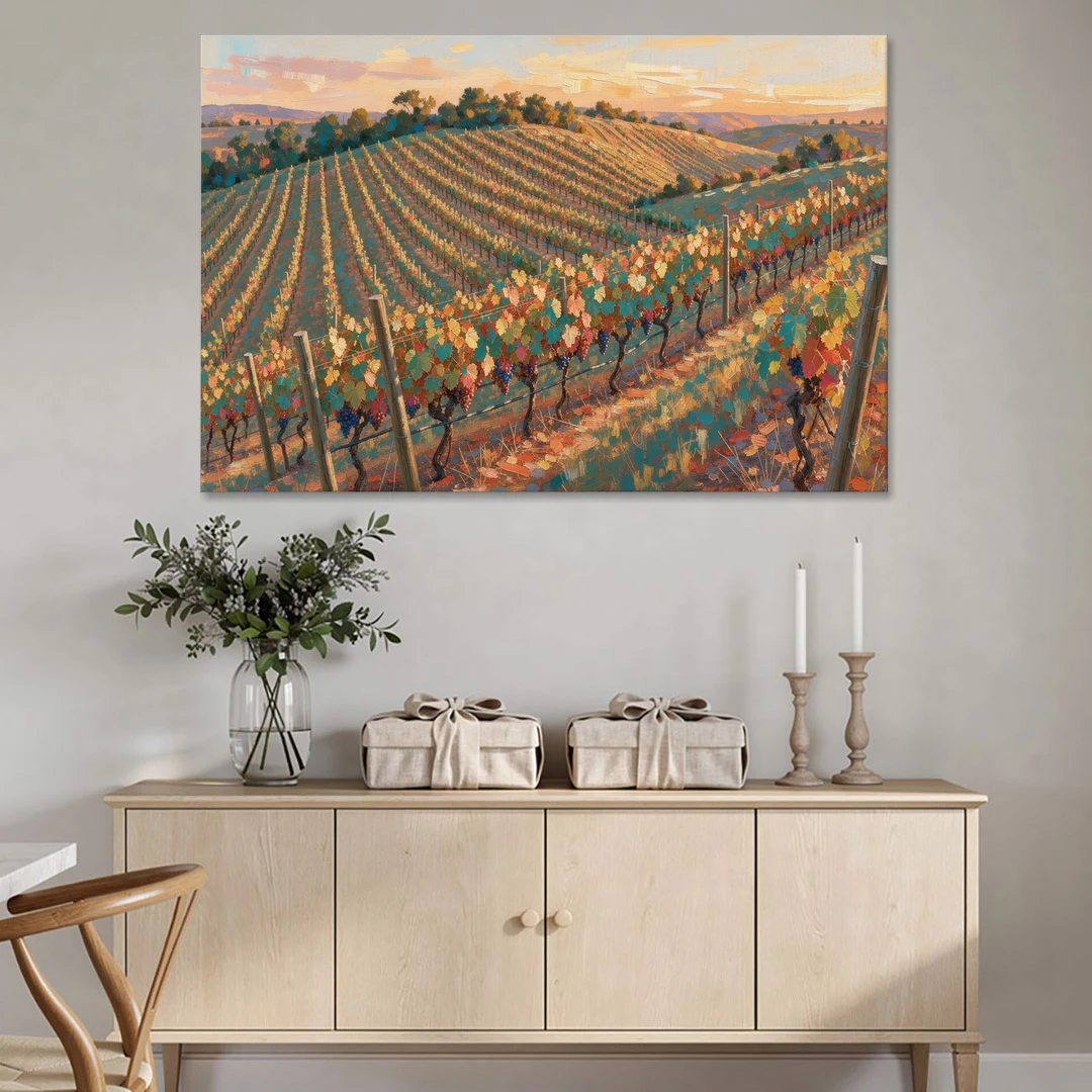 Golden Hour Vineyard Rows for the Dining Room - Canvas Wall Art - Coffee Table - 60x40