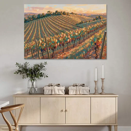 Golden Hour Vineyard Rows for the Dining Room - Canvas Wall Art - Coffee Table - 60x40