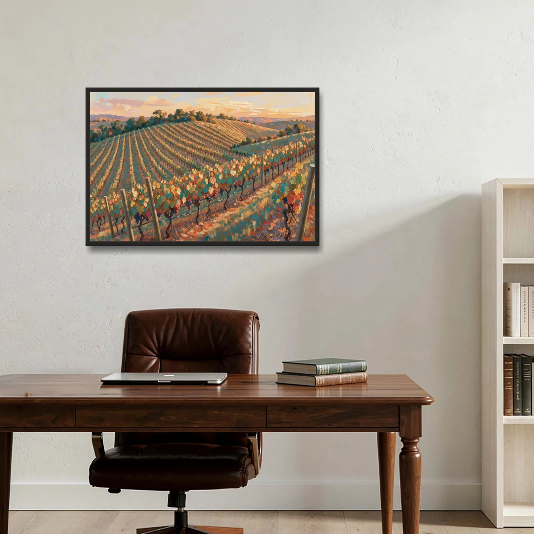 Golden Hour Vineyard Rows for the Dining Room - Black Framed Canvas Wall Art - Office - 36x24