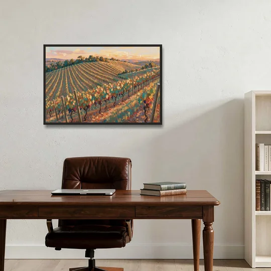 Golden Hour Vineyard Rows for the Dining Room - Black Framed Canvas Wall Art - Office - 36x24