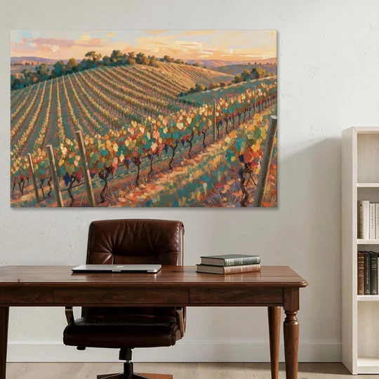 Golden Hour Vineyard Rows for the Dining Room - Canvas Wall Art - Office - 60x40
