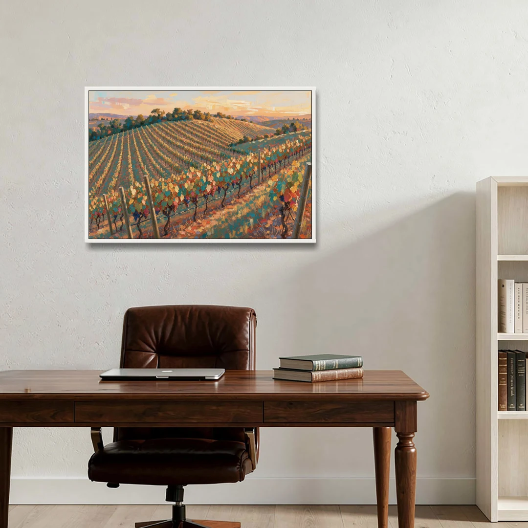 Golden Hour Vineyard Rows for the Dining Room - White Framed Canvas Wall Art - Office - 36x24