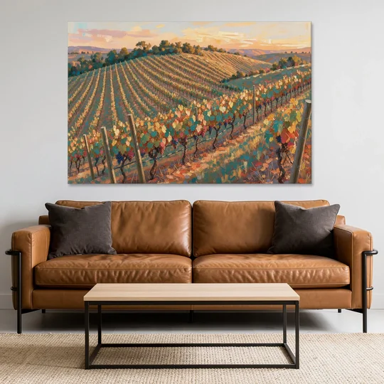 Golden Hour Vineyard Rows for the Dining Room - Canvas Wall Art - Sofa - 60x40