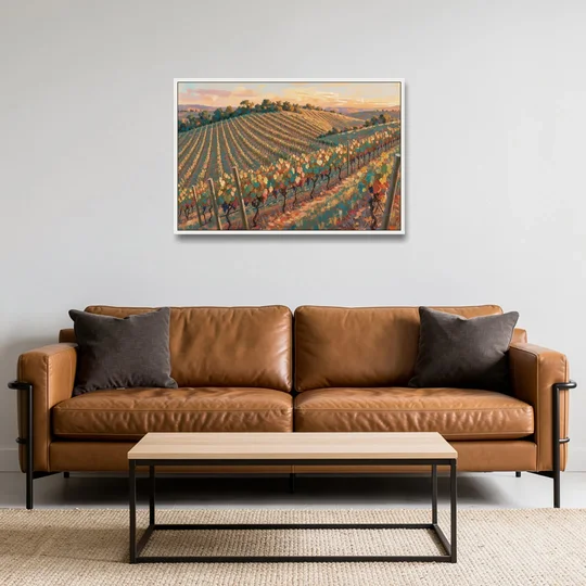 Golden Hour Vineyard Rows for the Dining Room - White Framed Canvas Wall Art - Sofa - 36x24