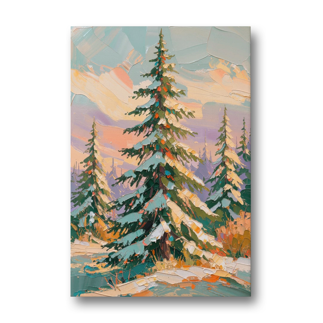 Golden Light on a Snowy Forest Fir for the Living Room - Canvas Wall Art - Front