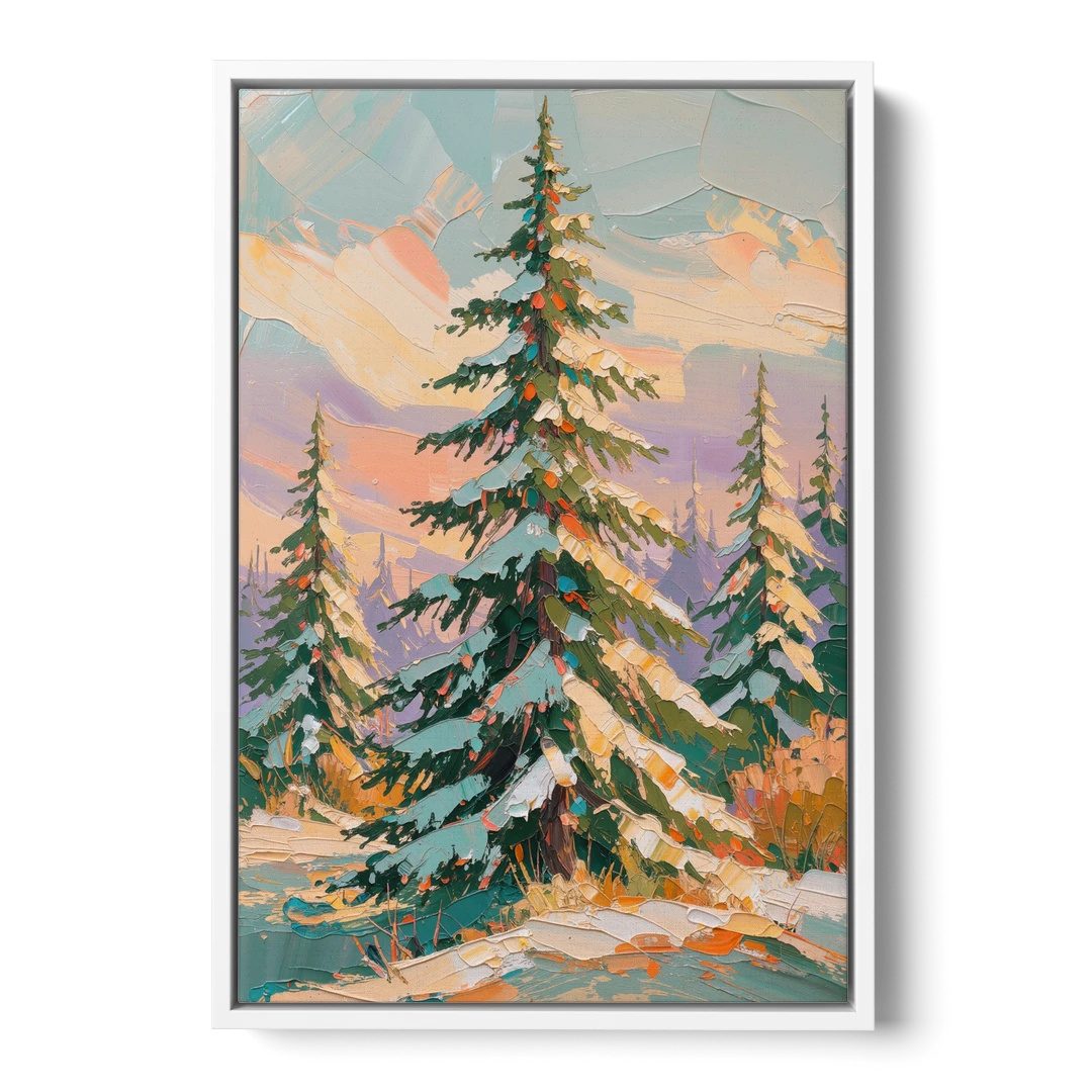 Golden Light on a Snowy Forest Fir for the Living Room - White Framed Canvas Wall Art - Front
