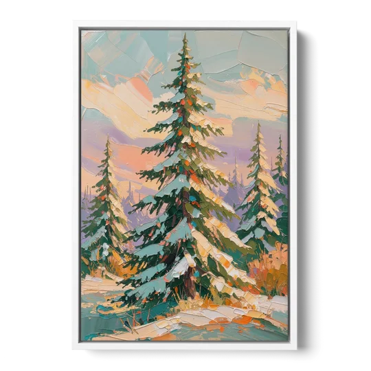 Golden Light on a Snowy Forest Fir for the Living Room - White Framed Canvas Wall Art - Front