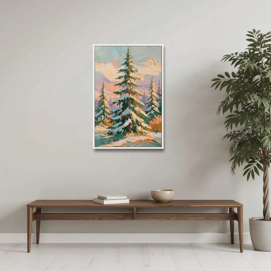 Golden Light on a Snowy Forest Fir for the Living Room - White Framed Canvas Wall Art - Coffee Table - 24x36