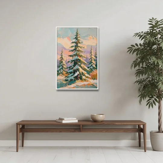Golden Light on a Snowy Forest Fir for the Living Room - White Framed Canvas Wall Art - Coffee Table - 24x36