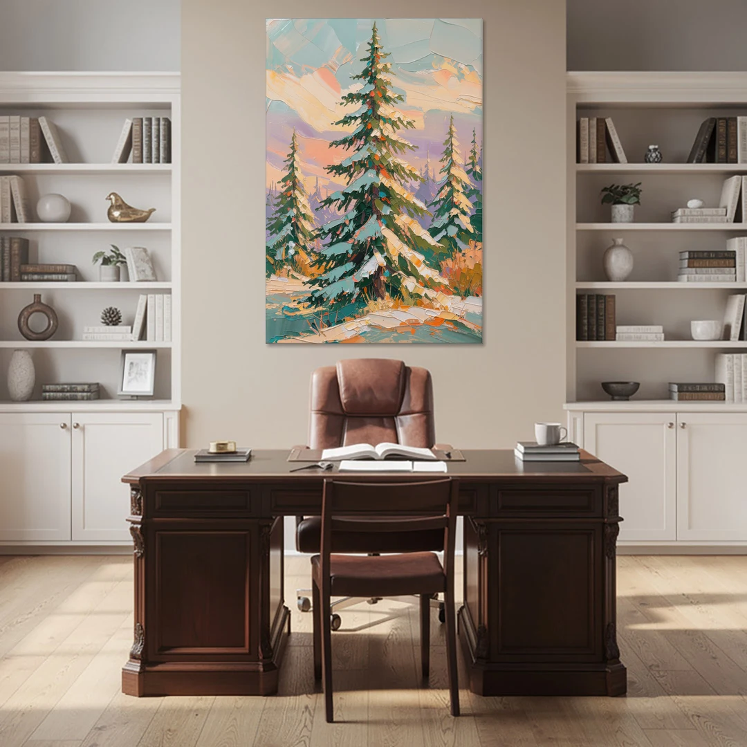 Golden Light on a Snowy Forest Fir for the Living Room - Canvas Wall Art - Office - 40x60