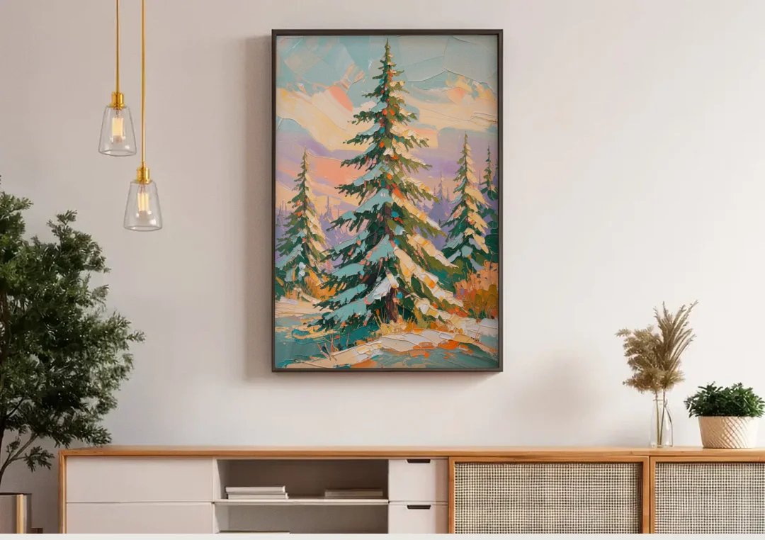 Golden Light on a Snowy Forest Fir for the Living Room canvas wall art above a wooden sideboard under pendant lights