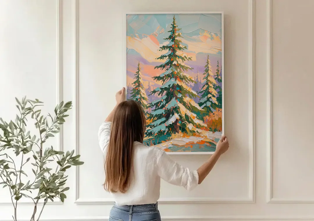 Golden Light on a Snowy Forest Fir for the Living Room canvas wall art being hung on a paneled wall